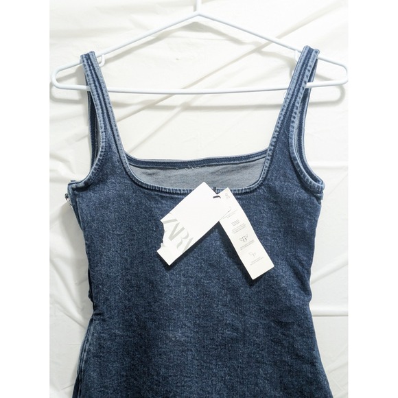 ZARA Denim Mini Dress Square Neck Sleeveless Zip Detail Size S Night Out - Picture 2 of 11